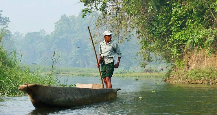 Homme debout sur un canoë en bois avec une perche, dans une rivière de jungle.