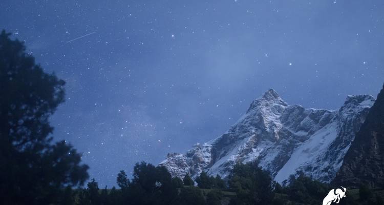 Sternenfüllter Nachthimmel über schneebedeckten Bergen.