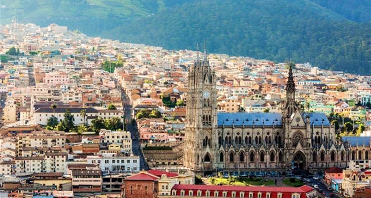 Skyline van een stad met een grote kathedraal en omliggende gebouwen.