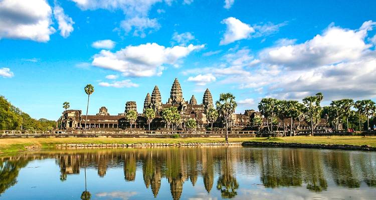 Beautiful view of Angkor Wat with its reflection in a pond.