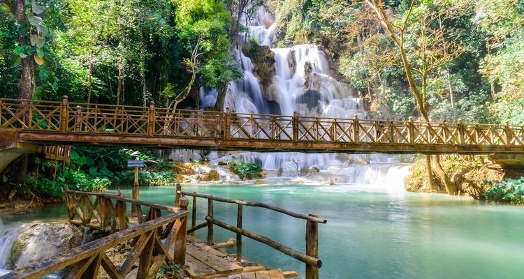 Waterfall with wooden bridges and vibrant forest.
