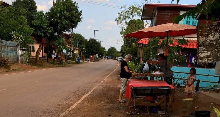 Rural road with a market stall and people interacting.