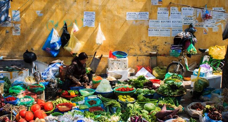 A vibrant market scene with fruits and vegetables displayed and a person arranging items.