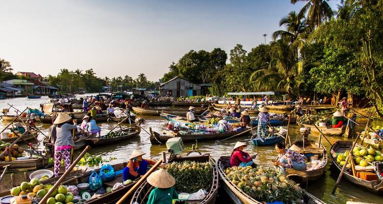 Active scene of a bustling floating market.