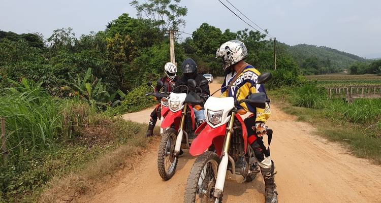 Motorcyclists stopping on a dirt road lined with green vegetation.