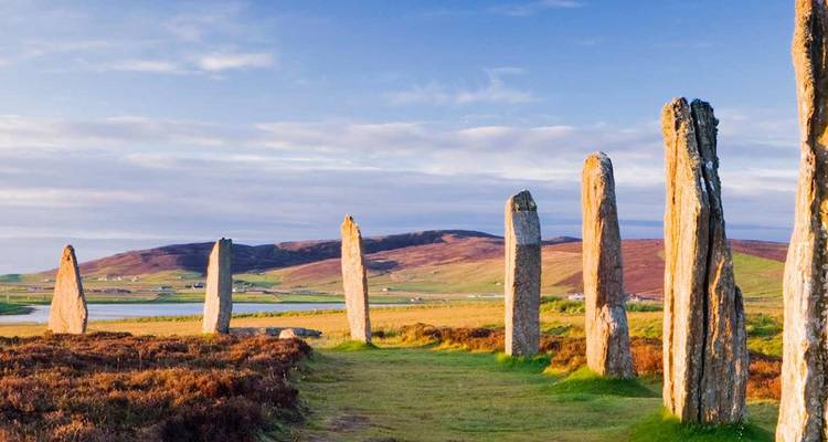 Ancient stone monoliths of the Ring of Brodgar stand in a grassy circle against a serene Scottish landscape.