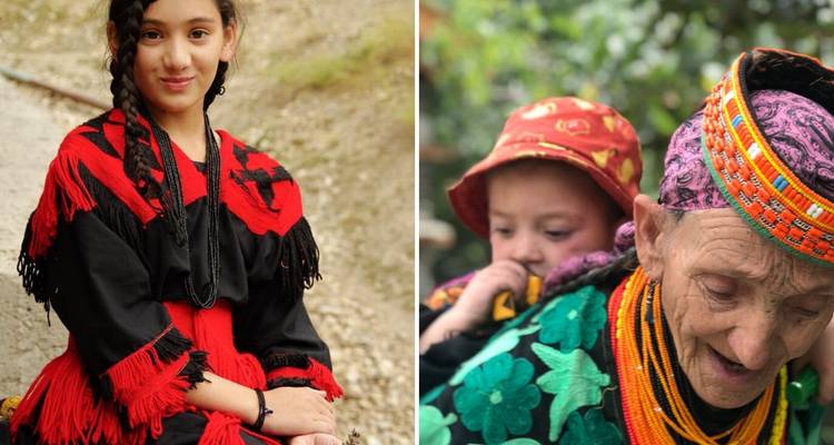 Collage van mensen uit de Kalash-gemeenschap in traditionele kleding.