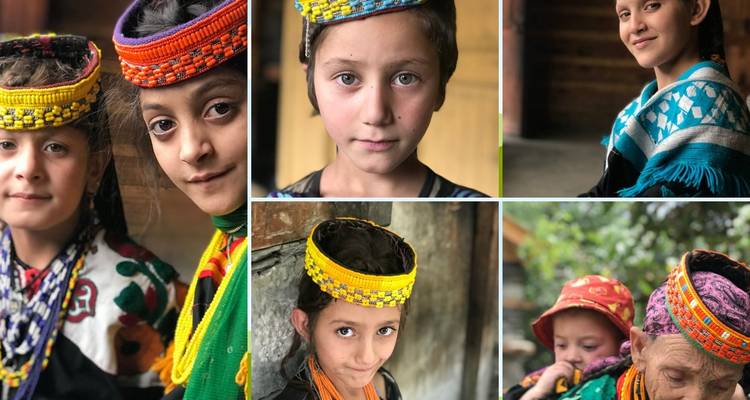 Collage van jonge kinderen in kleurrijke traditionele hoeden.