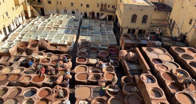 View over a traditional tannery with workers and vats.