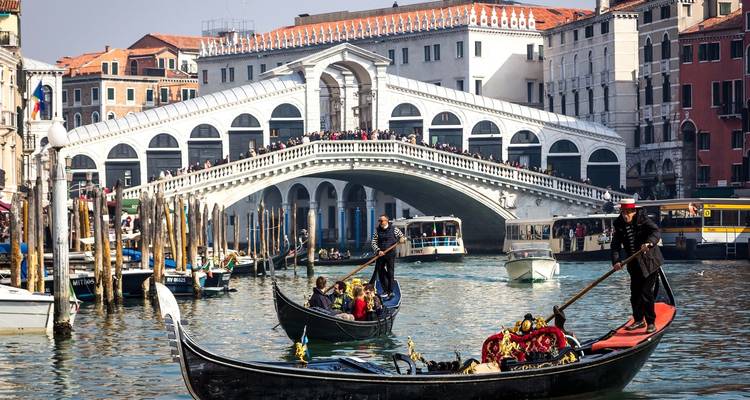 Gondolas navigating a canal, with the Rialto Bridge in the background.