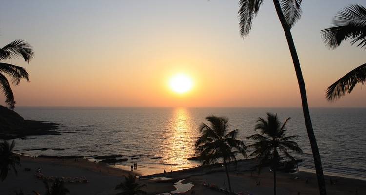Sonnenuntergang über einem Strand mit Palmen.