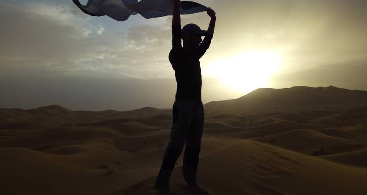 A silhouette of a person holding fabric in the desert against the sunset.