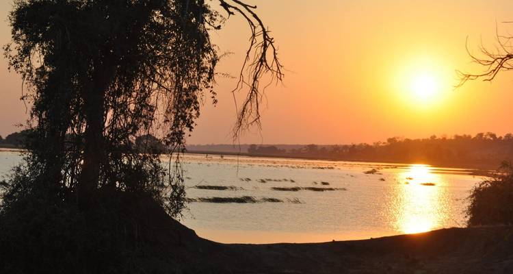 Sunset over a river with silhouetted trees.