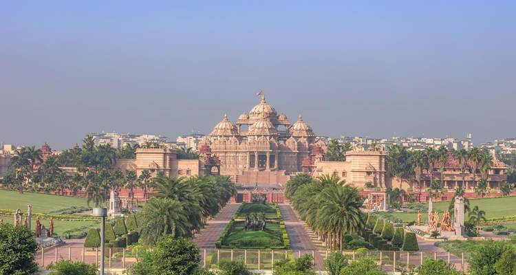 Akshardham temple complex with gardens.