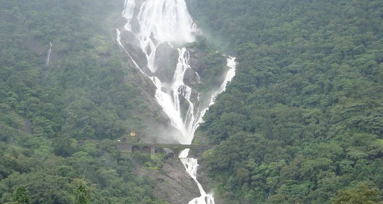 Hoher Wasserfall, der über eine üppig grüne Landschaft mit einer Brücke hinabstürzt.