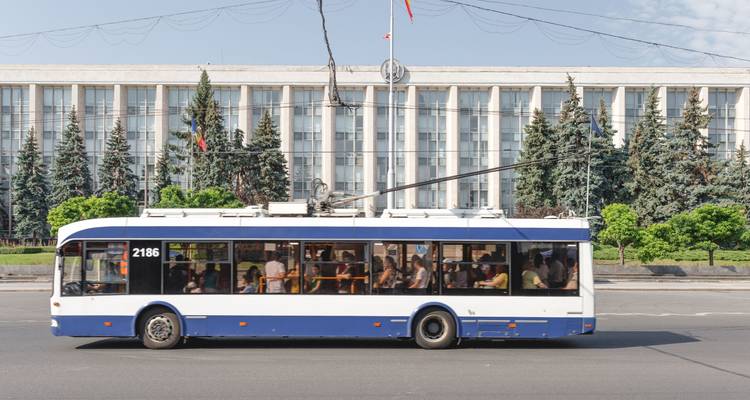 Stadsgezicht met een trolleybus, bomen en een groot gebouw op de achtergrond.