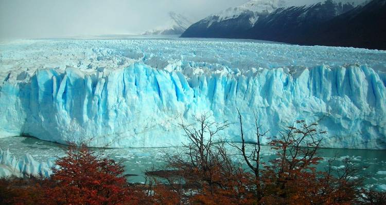 Glaciar extenso con follaje otoñal colorido en primer plano.
