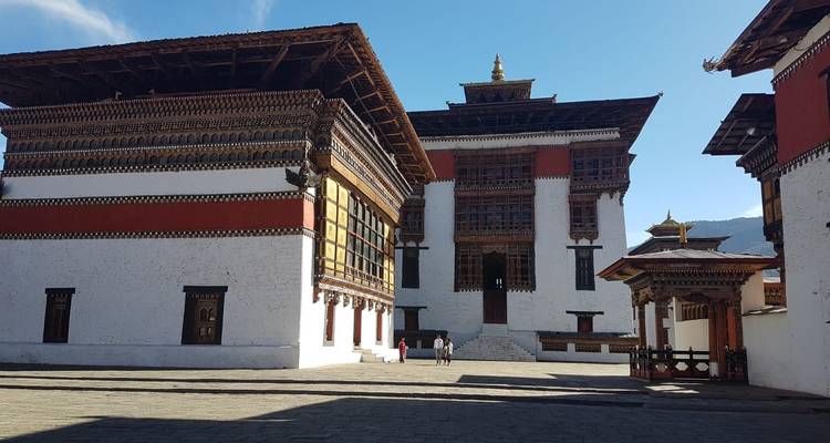 Groot Bhutanees fort met ingewikkeld houtwerk.