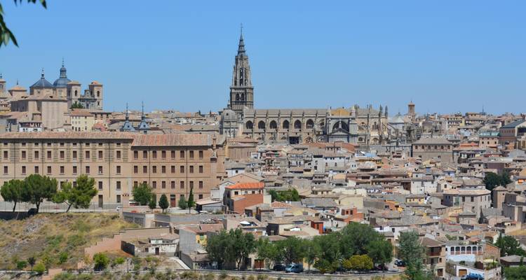 Uitzicht op een grote kathedraal en het omliggende stadslandschap in een historische stad.