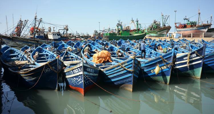 Small blue boats docked at a harbor with fishing ships in the background.