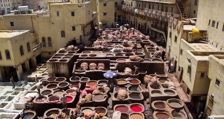 Traditional tannery in Fes with large colored vats.