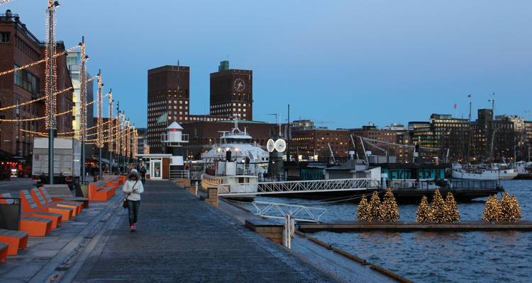 Harbor area with decorated buildings and a person walking along a waterway.