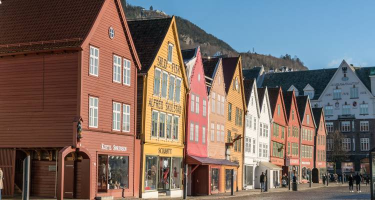 Colorful historic buildings along a street, typical of Bergen.