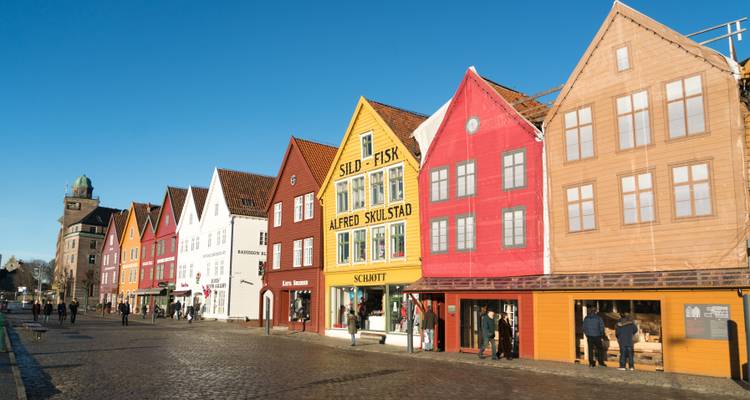 Row of iconic colorful wooden houses, known as Bryggen, in Bergen.
