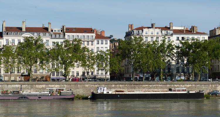 Flussuferblick mit klassischen Gebäuden und Bäumen in Frankreich.