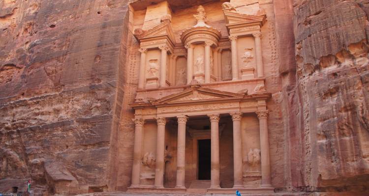 Iconic rock-carved facade of an ancient building.