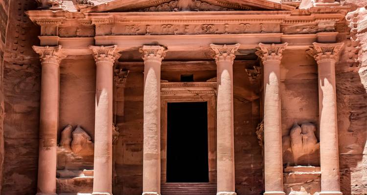 Close-up of an ornate rock-carved facade.