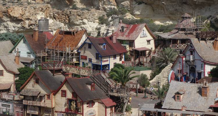 Colorful houses in a themed village setting.