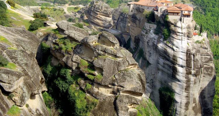 Meteora monasteries perched on tall rock formations.