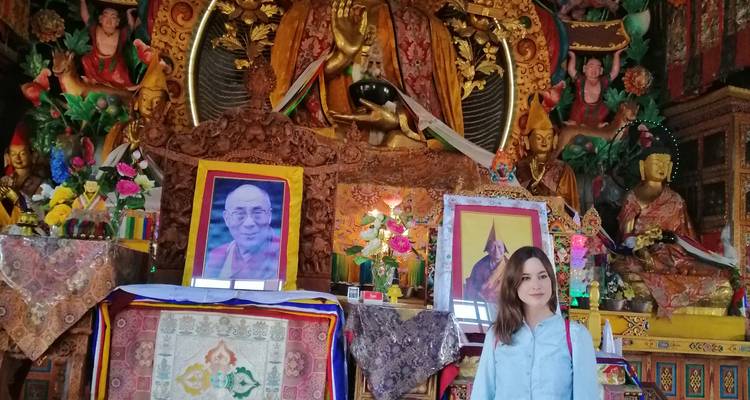 Inside a temple with Buddhist imagery and a person in the foreground.