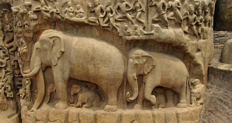 Felsritzungen, die Elefanten und Figuren in Chennai darstellen.