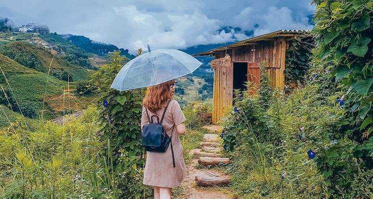 Frau mit einem Regenschirm, die einen Weg entlang geht, umgeben von üppigem Grün.