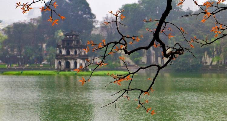 Rama con hojas naranjas enmarca la Torre de la Tortuga en el lago Hoan Kiem en un día brumoso