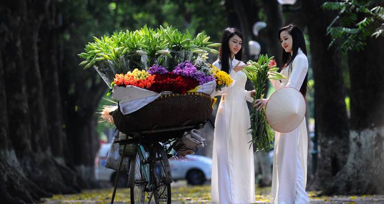 Dos mujeres jóvenes en ao dai blanco están de pie junto a una bicicleta cargada de flores bajo árboles altos y frondosos en una calle tranquila de Hanói.