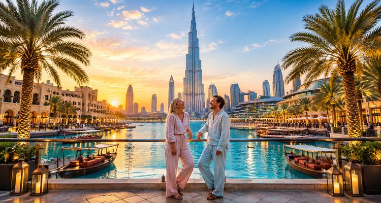 Couple admirant un coucher de soleil doré sur le Burj Khalifa et le centre-ville de Dubaï à côté d'une lagune bordée de palmiers.