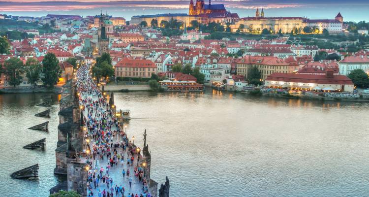 Crowded historic bridge with a large palace in the background.