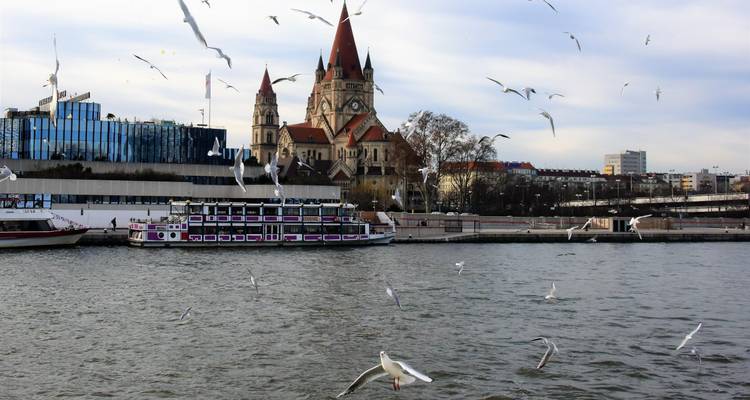Seagulls flying over a river with a church in the background.