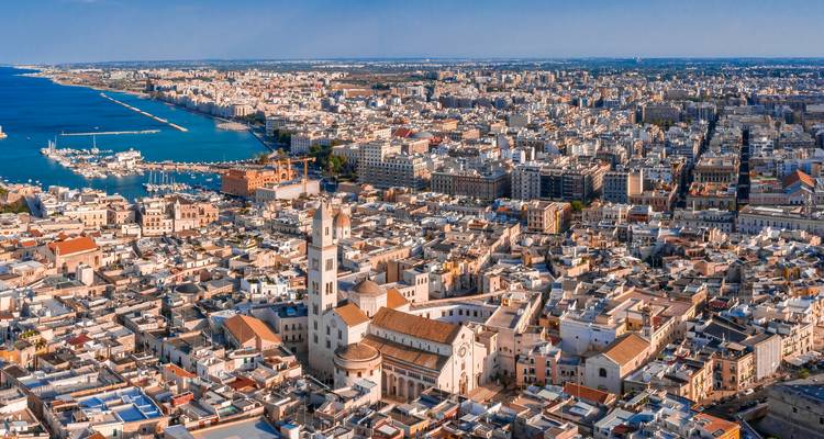 Luchtfoto van een kuststad met een haven.