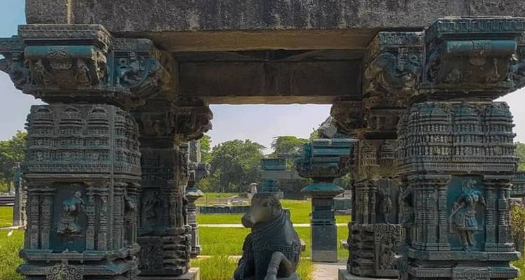 Ingewikkeld gesneden zuilen en koeienbeeldhouwwerk in een tempel.