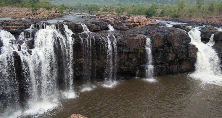 Wide view of a powerful waterfall.