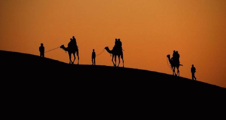 Silhouette of people riding camels at sunset.