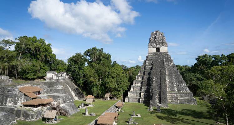 Majestueuze Mayan Temple I piramide en omliggende ruïnes van Tikal die uit het dichte oerwoud omhoog rijzen.