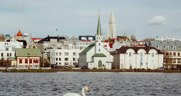 Reykjavik-Stadtbild mit Hallgrímskirkja und Schwänen auf dem Wasser.