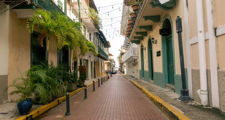 Estrecho callejón empedrado con ladrillos en el casco antiguo de Panamá, rodeado de fachadas coloridas, plantas colgantes y luces de cuerda.