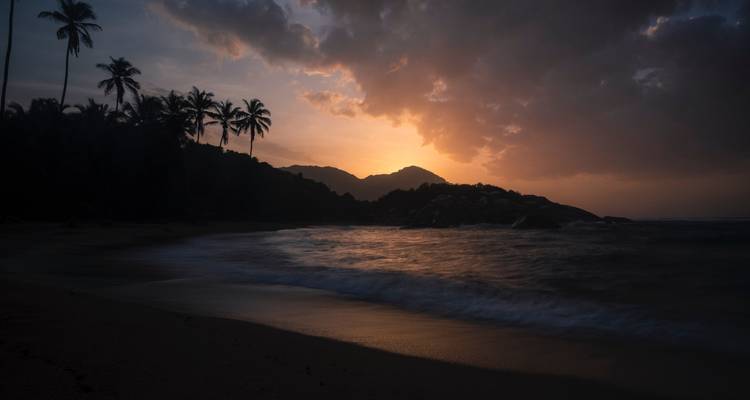 Atardecer dramático sobre una playa con palmeras.