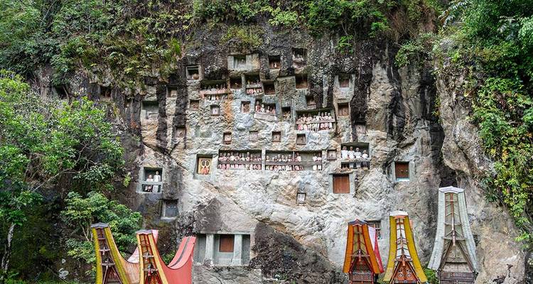 Site funéraire à flanc de falaise rempli d'effigies en bois et de niches au milieu d'une végétation luxuriante à Tana Toraja.